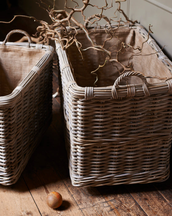 Rectangular rattan log baskets with hessian liner- Coaster wheels